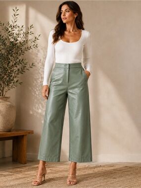 Bagatelle Sage Faux Leather Wide Leg Cropped Pants L